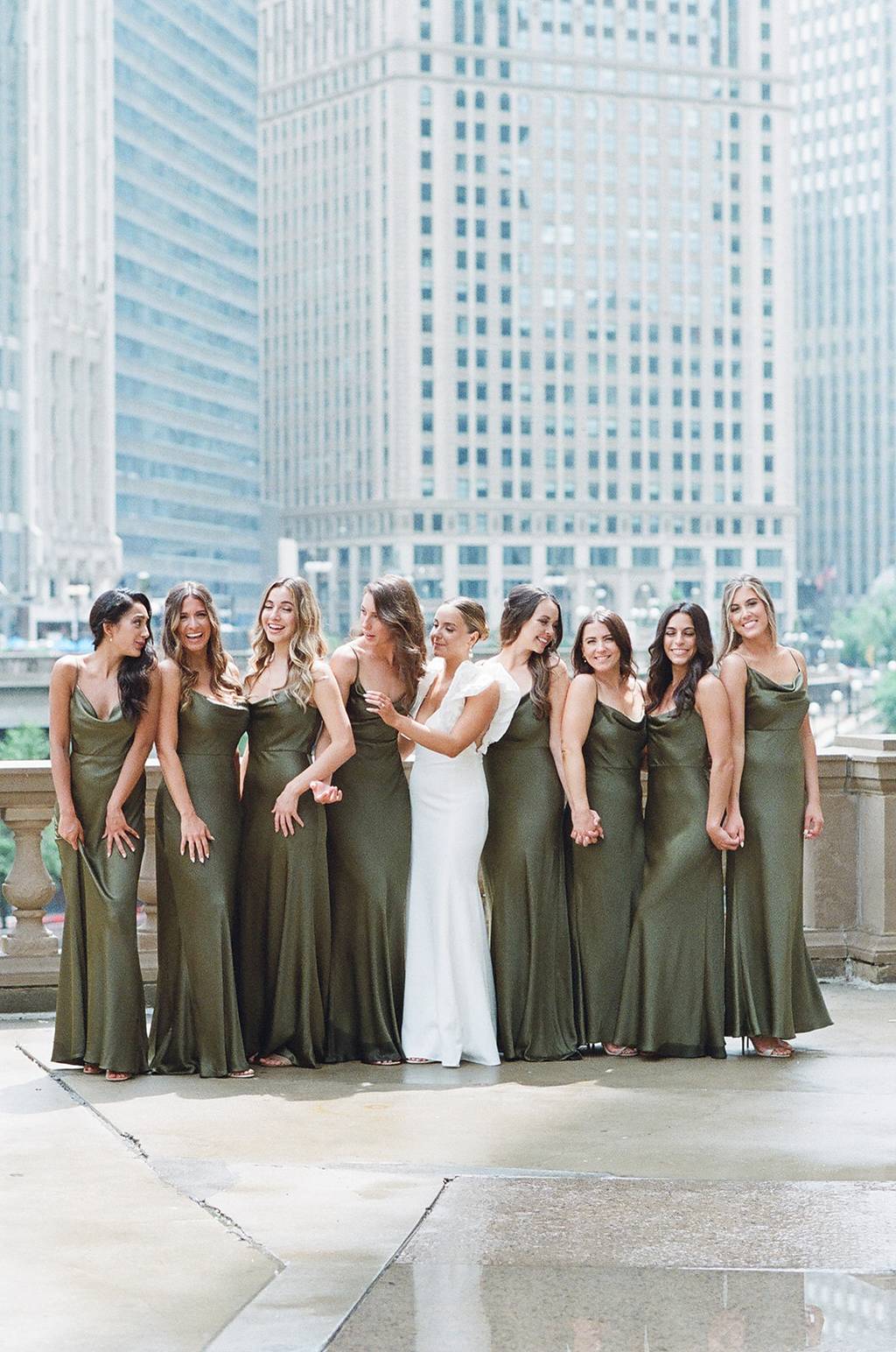 Bridesmaids in Olive Green Luxe Satin Sylvie Dress