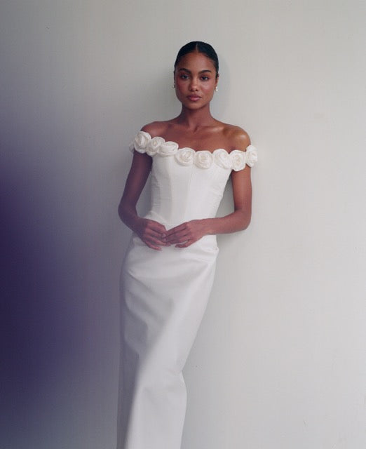 Off Shoulder Column Midi Wedding Dress