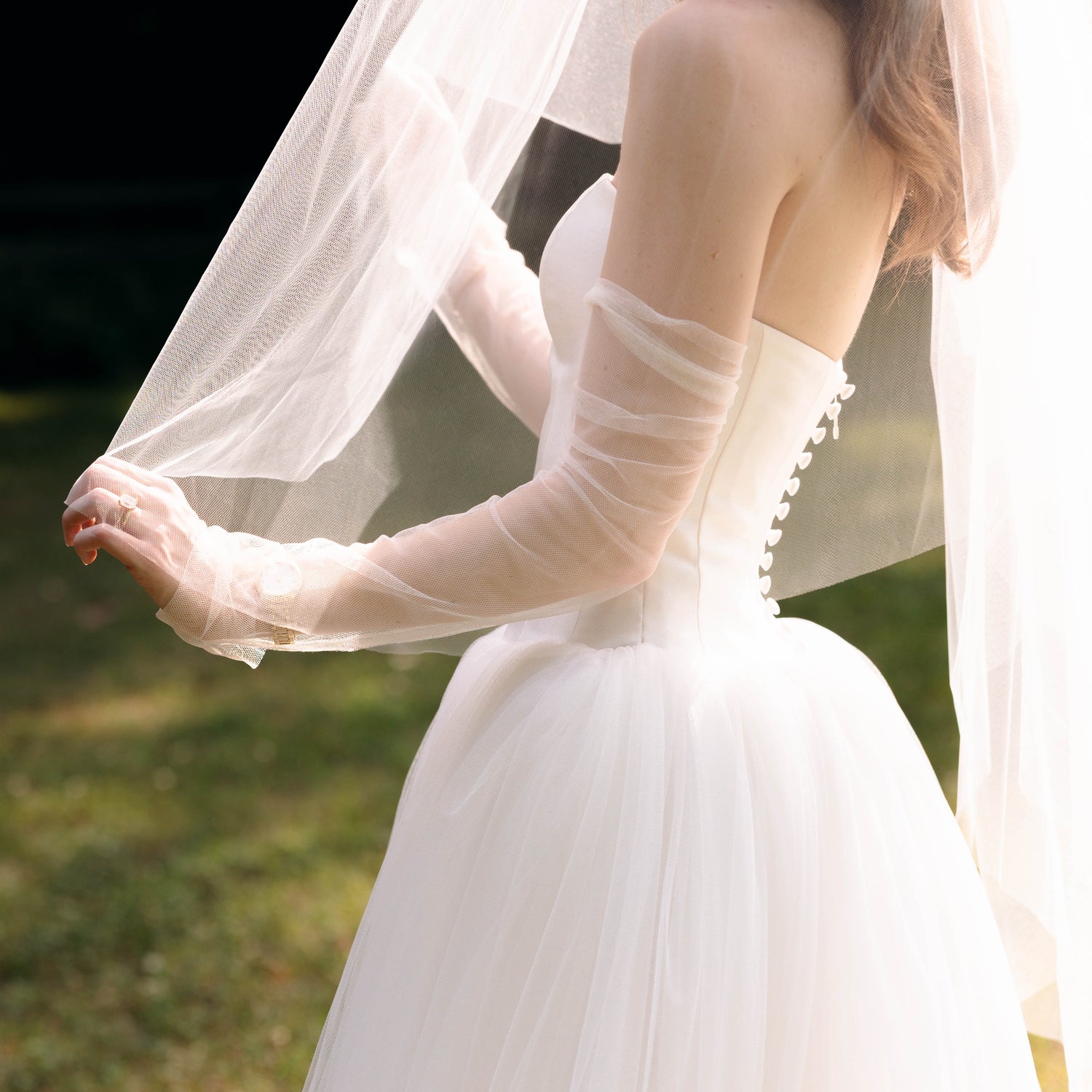 Bride in Georgina Drop Waist Wedding Dress and Olivia Tulle Sleeves