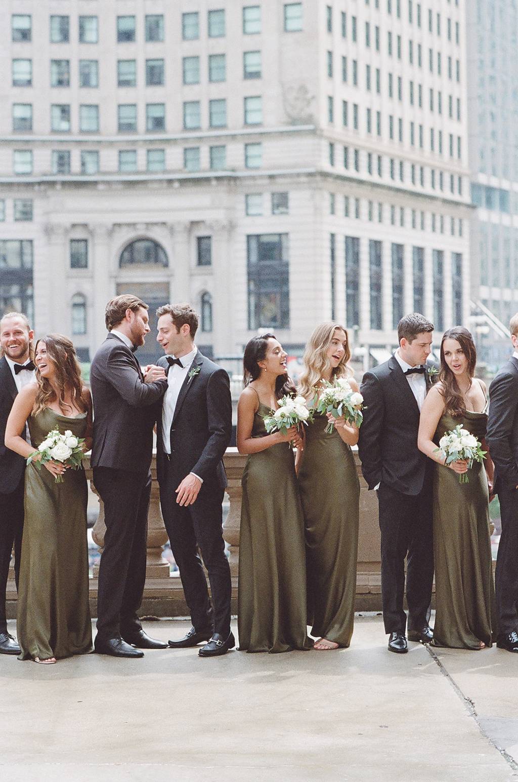 Bridesmaids in Olive Green Luxe Satin Sylvie Dress