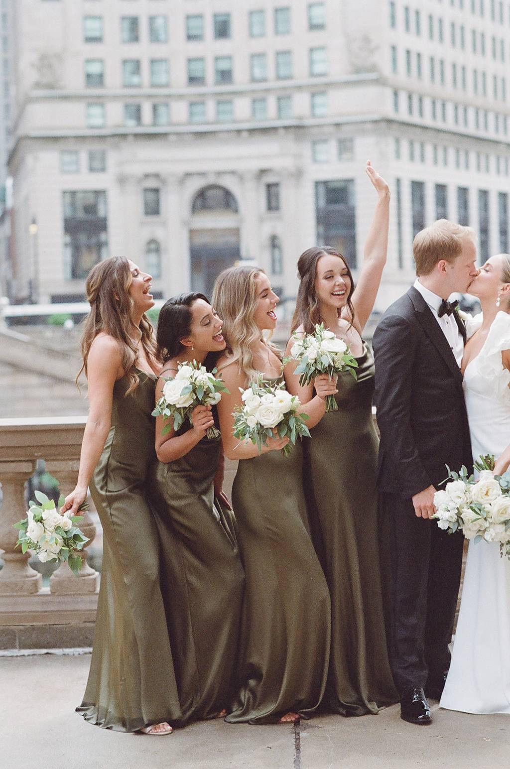 Bridesmaids in Olive Green Luxe Satin Sylvie Dress