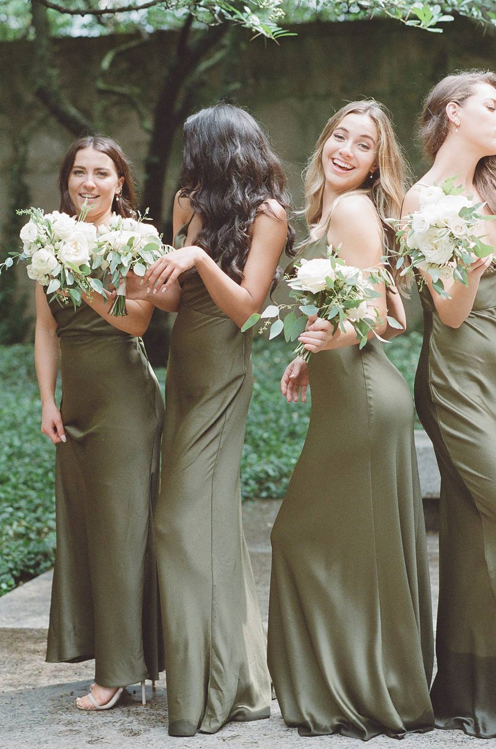 Bridesmaids in Olive Green Luxe Satin Sylvie Dress