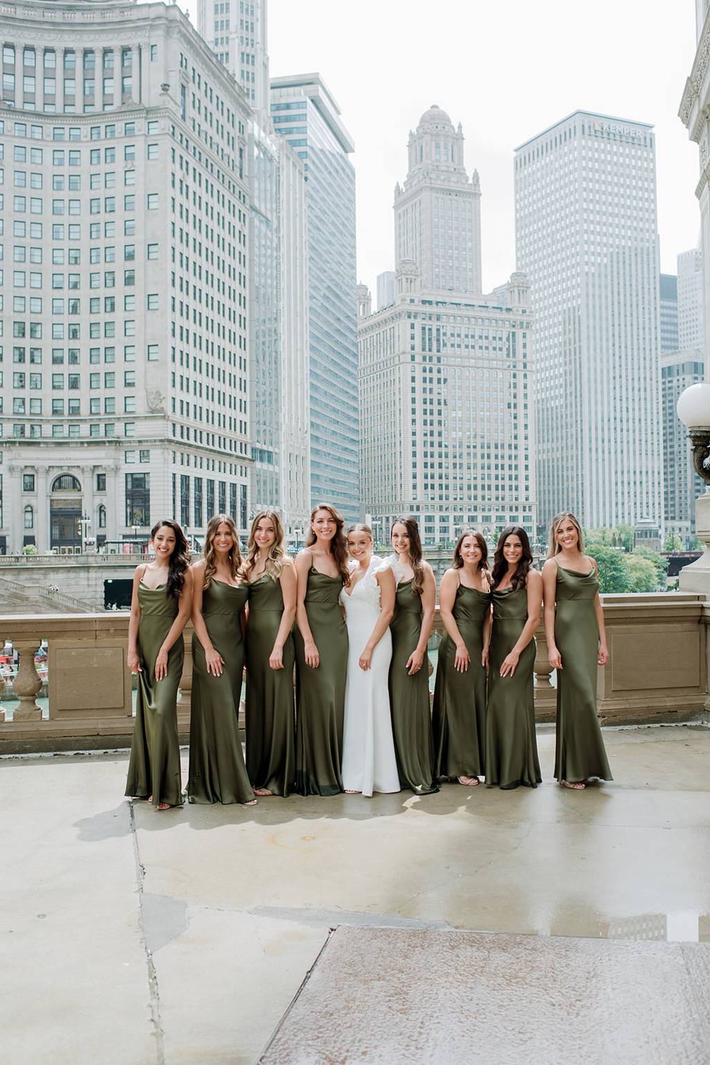 Bridesmaids in Olive Green Luxe Satin Sylvie Dress